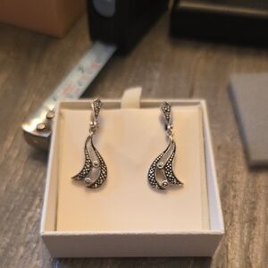 Sterling Silver Marcasite Teardrop Dangle Earrings - Silver